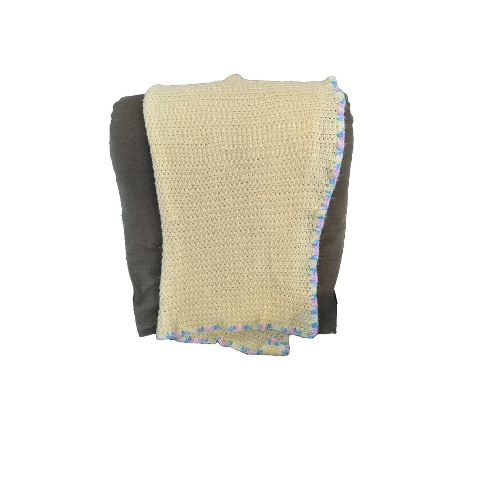vintage hand crocheted sunny yellow‎ baby blanket afghan pink blue cottage